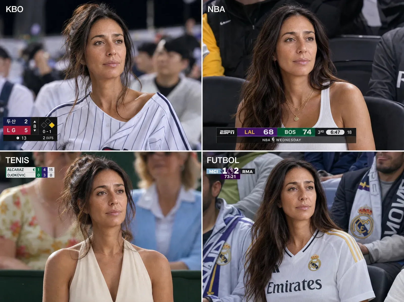 Cuatro variantes del formato — KBO baseball, NBA courtside, tennis, Premier League