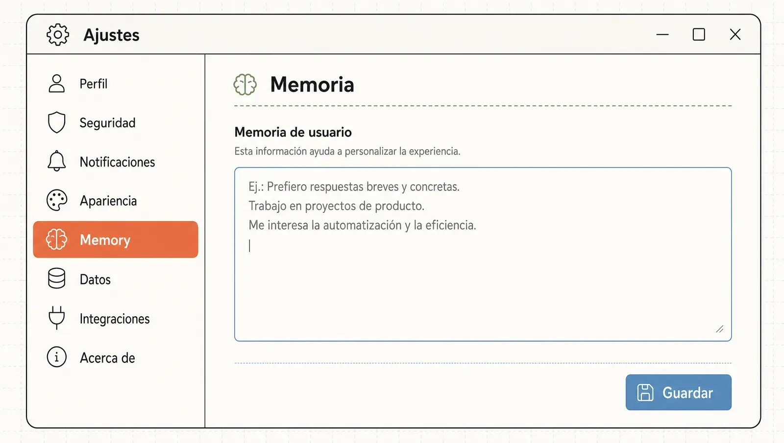 Mockup de Ajustes: el panel Memory con la memoria de usuario y el botón Guardar