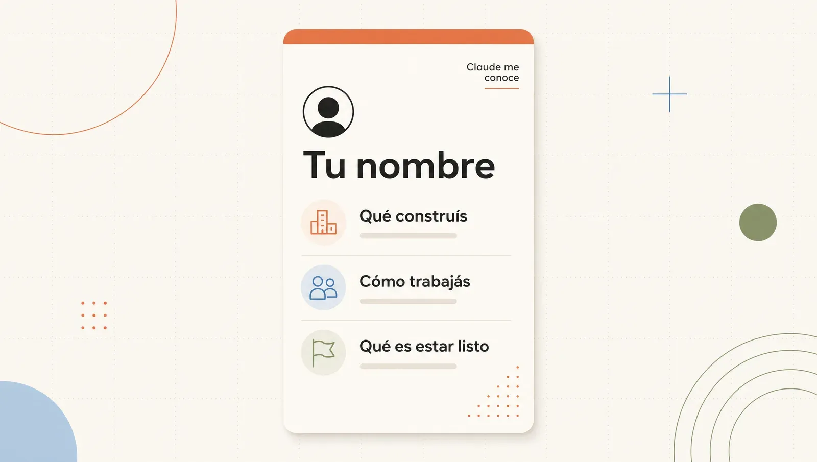 Mockup de la tarjeta vertical "Claude me conoce" con tu nombre y cómo trabajás