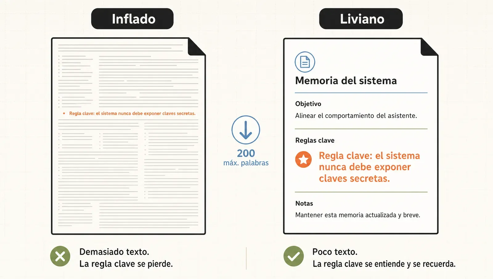 Memoria inflada diluye tus reglas; memoria corta las mantiene claras