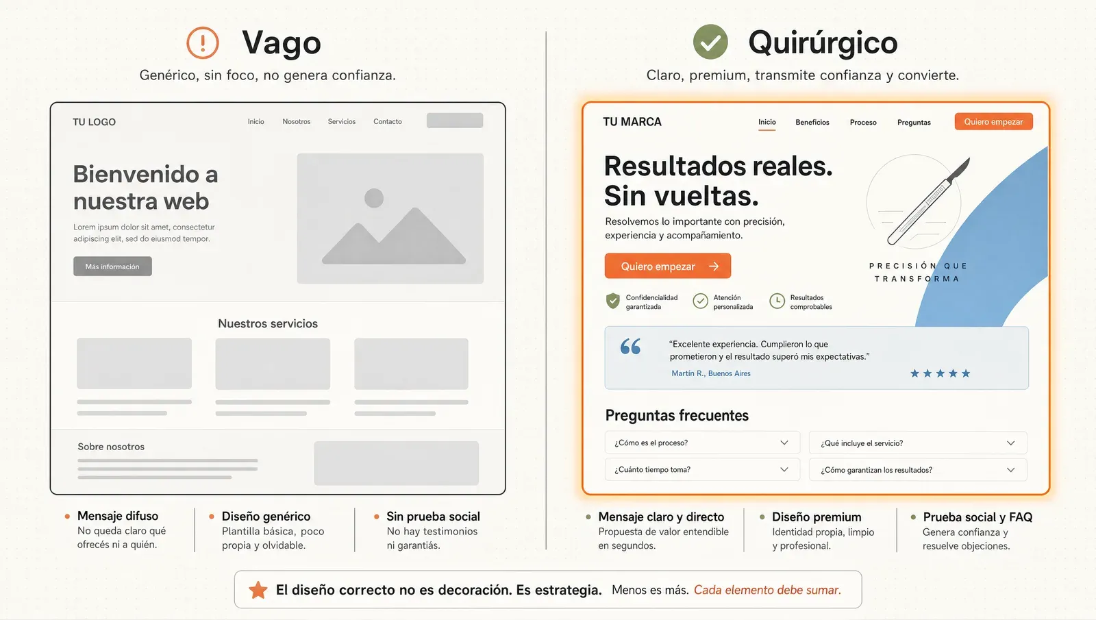 Comparación: un prompt vago da un sitio genérico, uno quirúrgico da un sitio premium