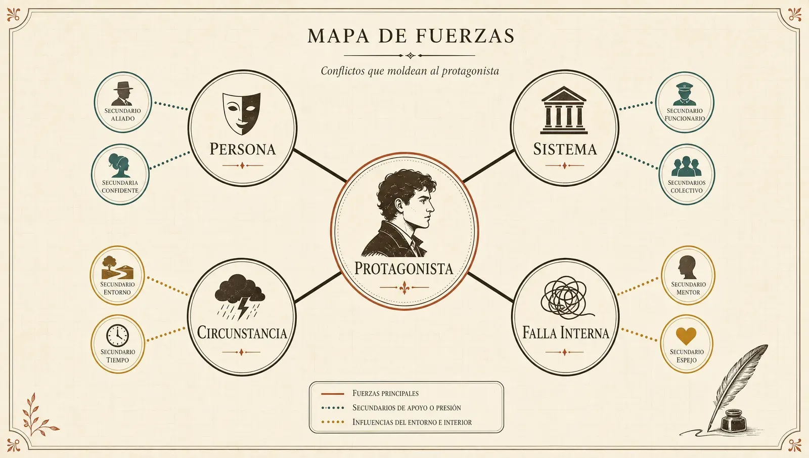 Hub-and-spoke: el protagonista al centro, secundarios y la fuerza opositora alrededor