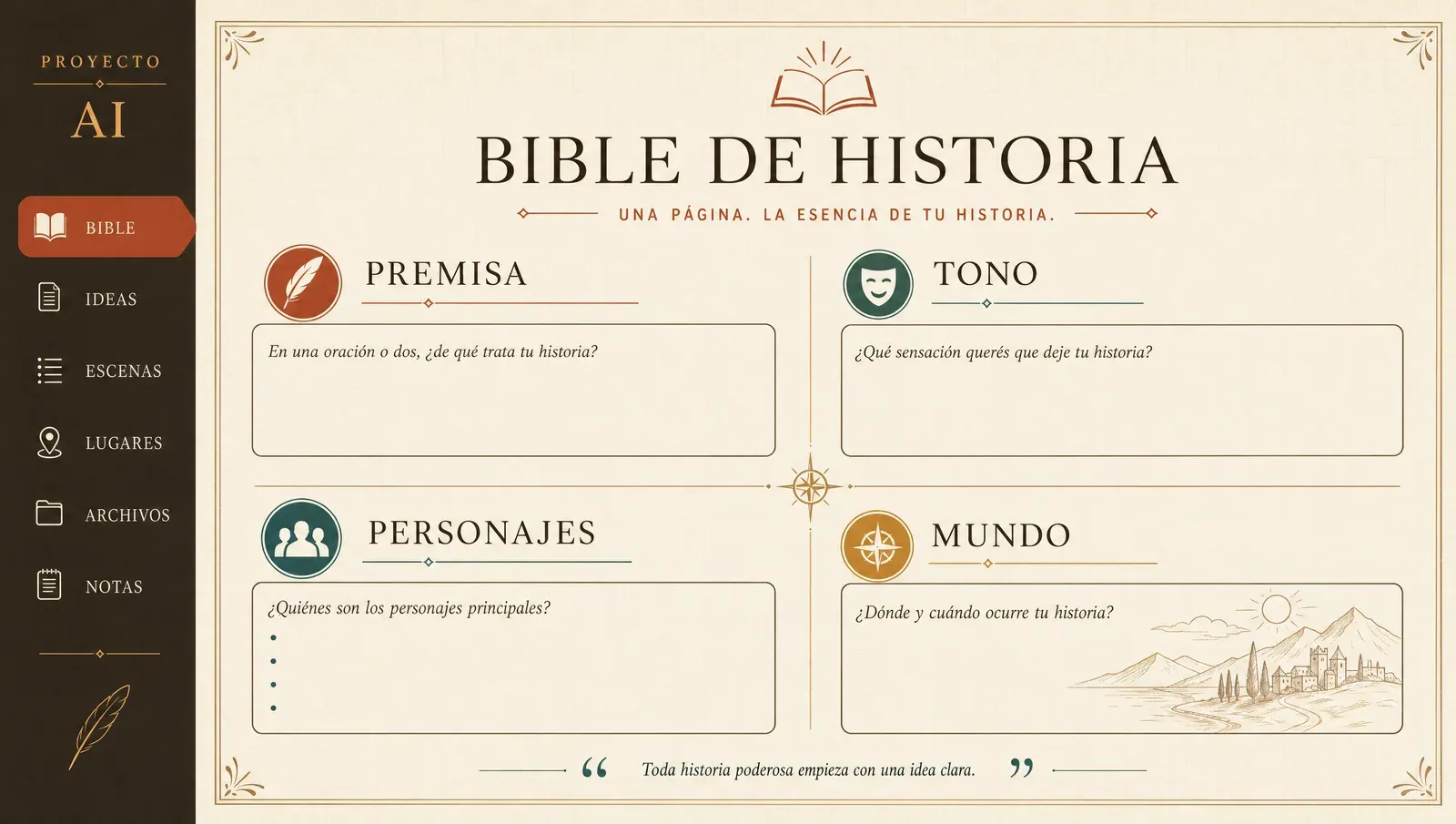 Stylized mockup: una biblia de una página dentro de un Proyecto de IA