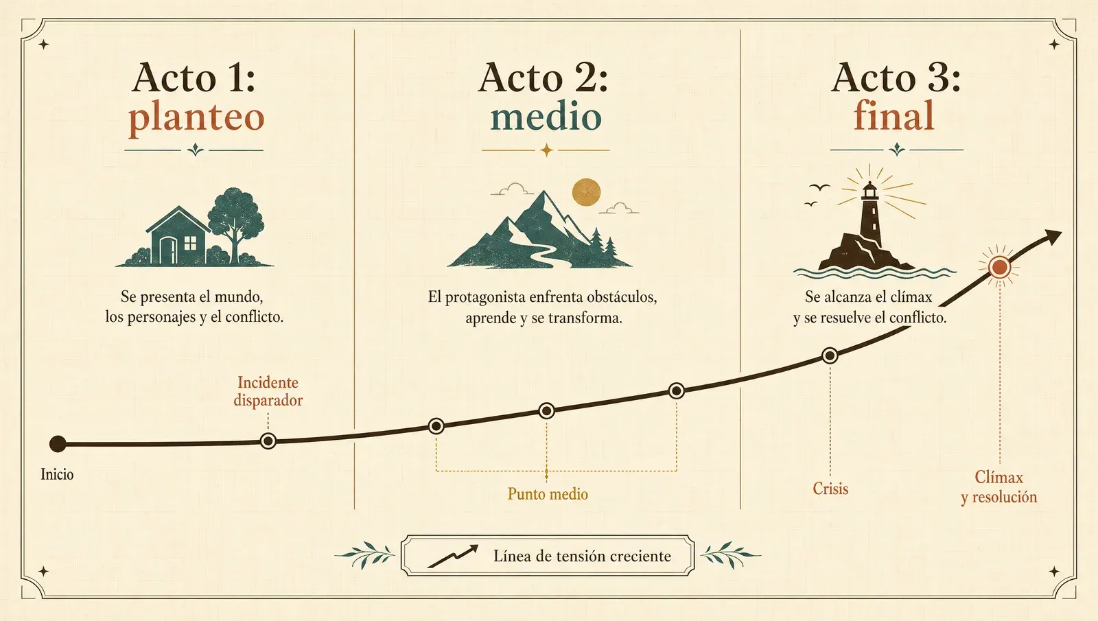 Los tres actos: planteo, medio y final de una historia