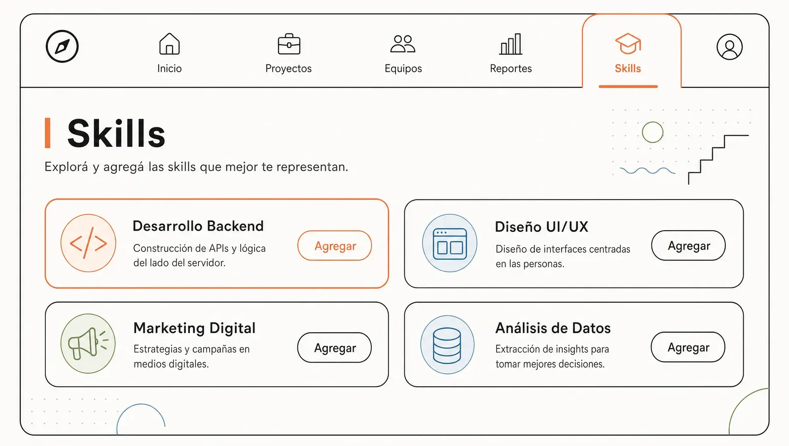Catálogo de Skills con un botón Agregar en cada tarjeta