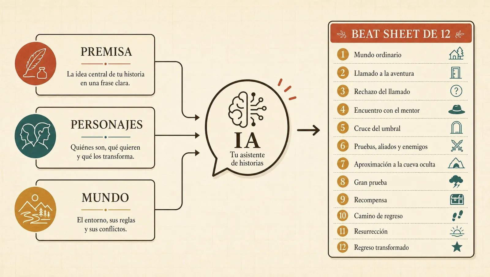De premisa y personajes a un beat sheet completo con IA