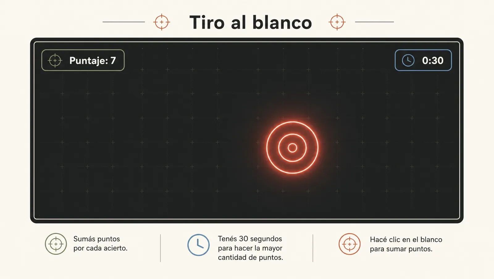 Mockup de Tiro al blanco: puntaje, timer y un blanco neón sobre fondo oscuro