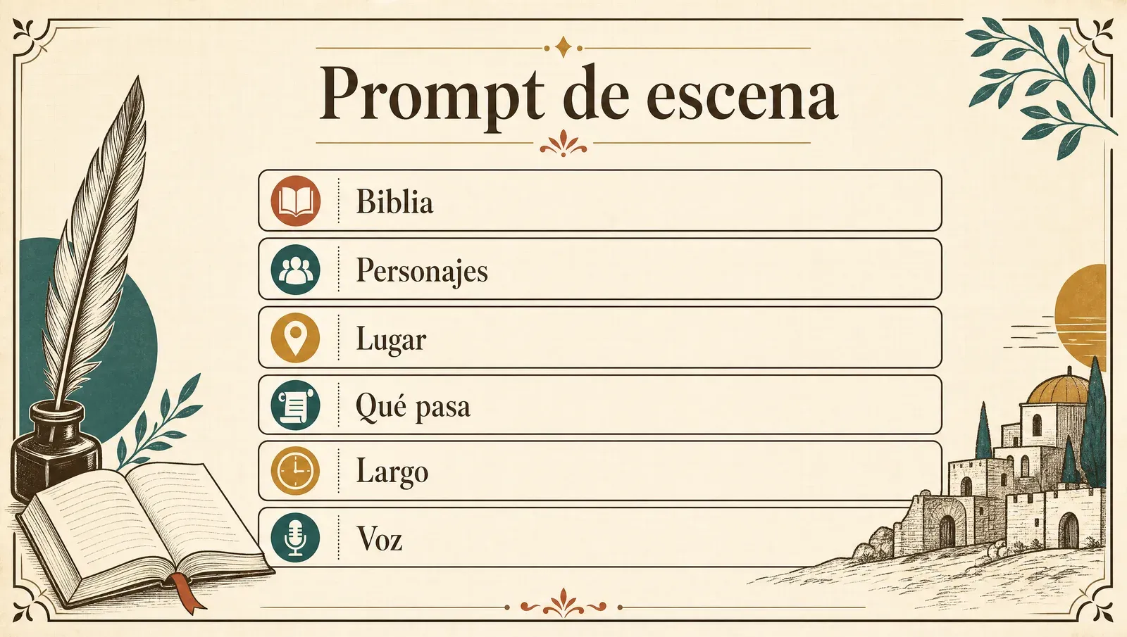 El prompt de escena: biblia, personajes, lugar, qué pasa, largo y voz