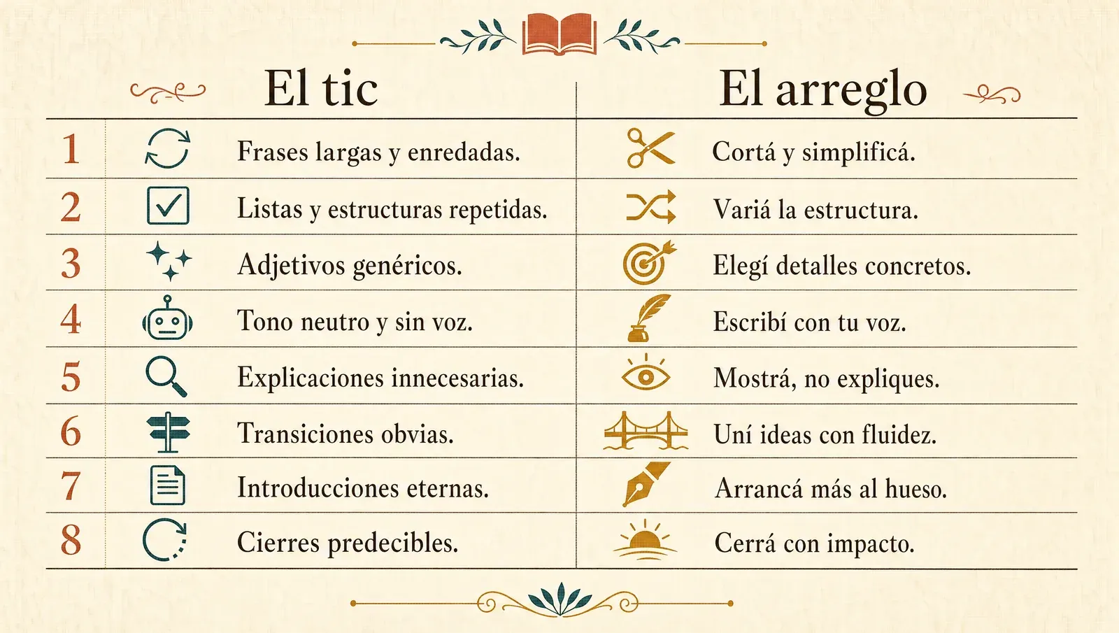 Checklist vertical de los tics de la IA con su arreglo al lado de cada uno