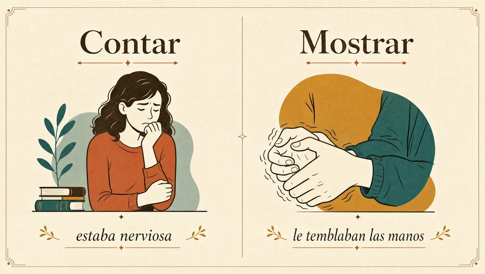 Lado a lado: contar la emoción ("estaba nerviosa") frente a mostrarla ("le temblaban las manos")