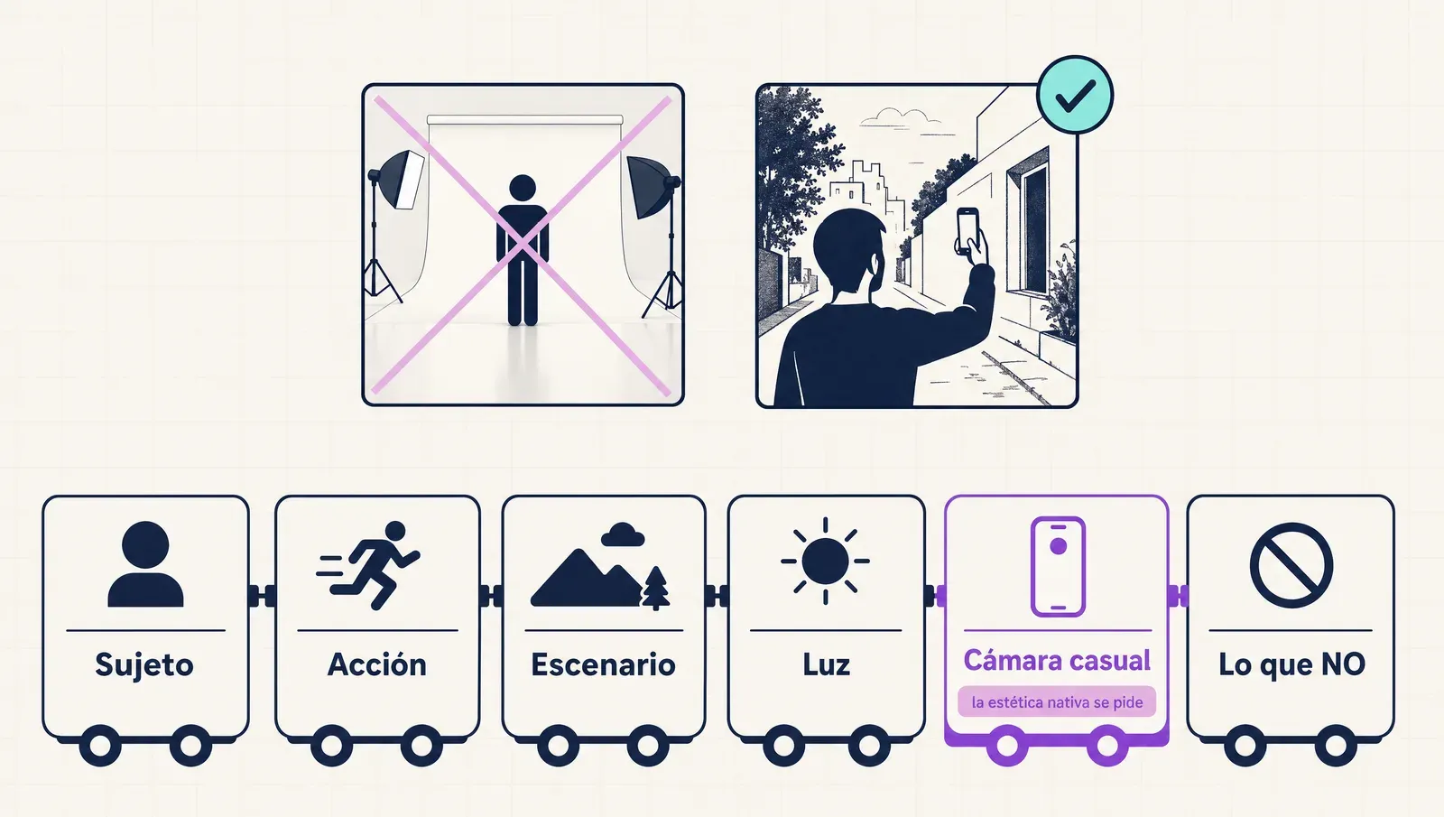 El prompt de escena por piezas: sujeto, acción, escenario, luz, cámara casual y lo que no