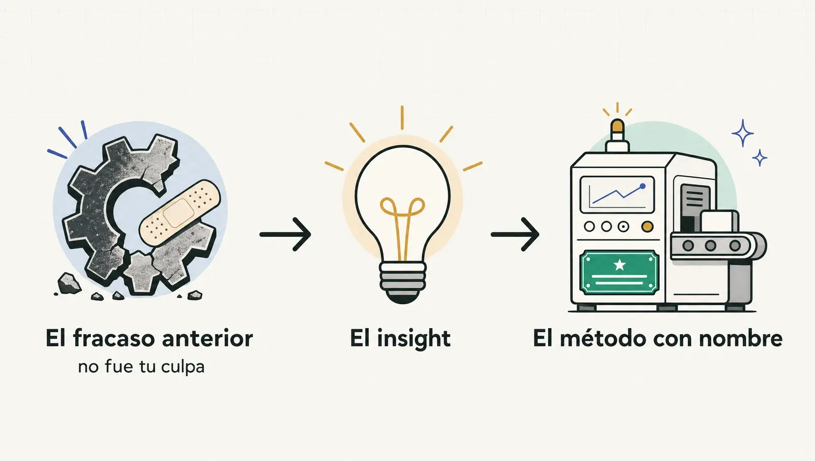 El mecanismo completo: la absolución del fracaso anterior, el insight distinto, el método con nombre