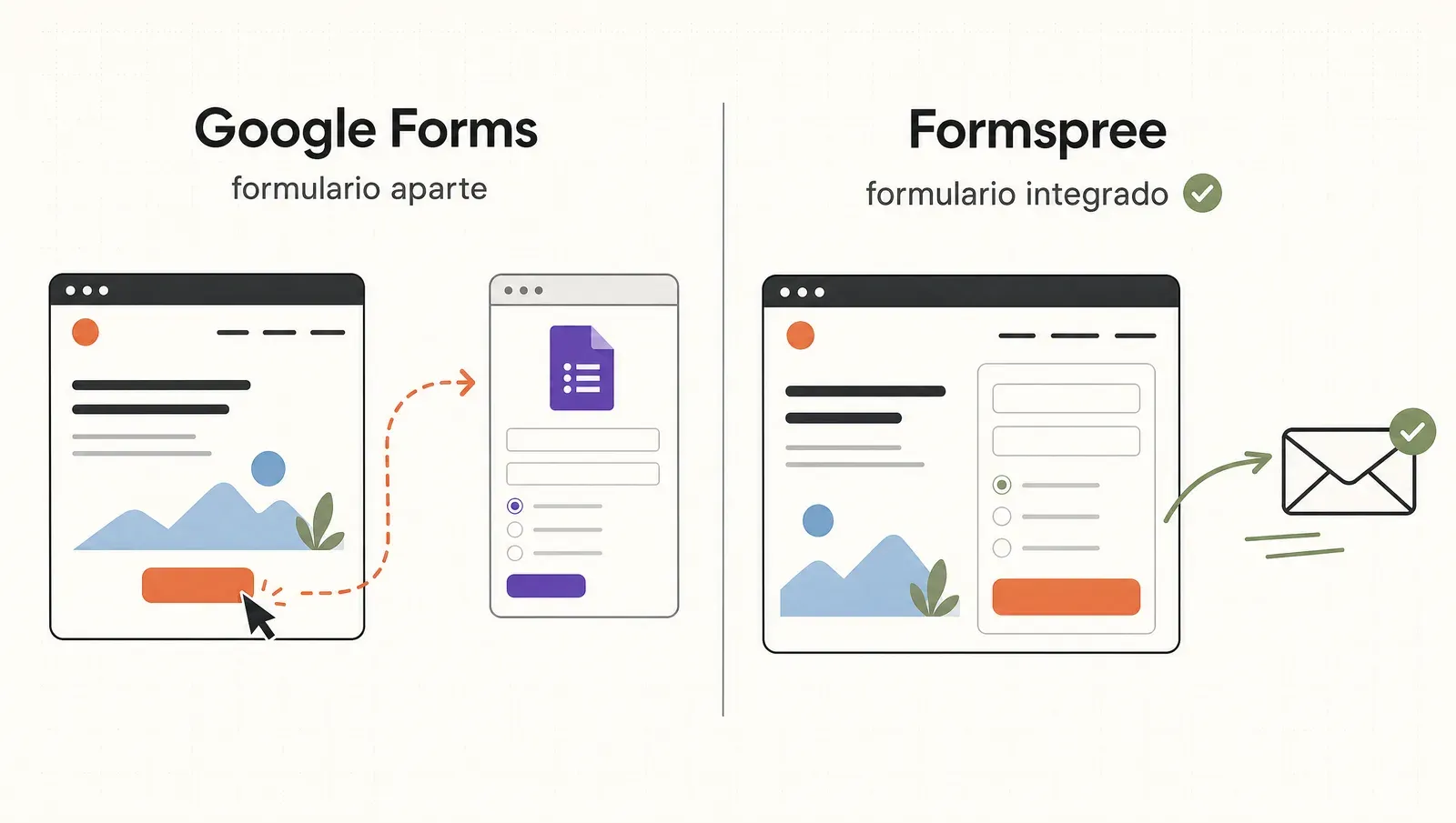 Google Forms vive en su propia página; un servicio tipo Formspree integra el formulario en tu diseño