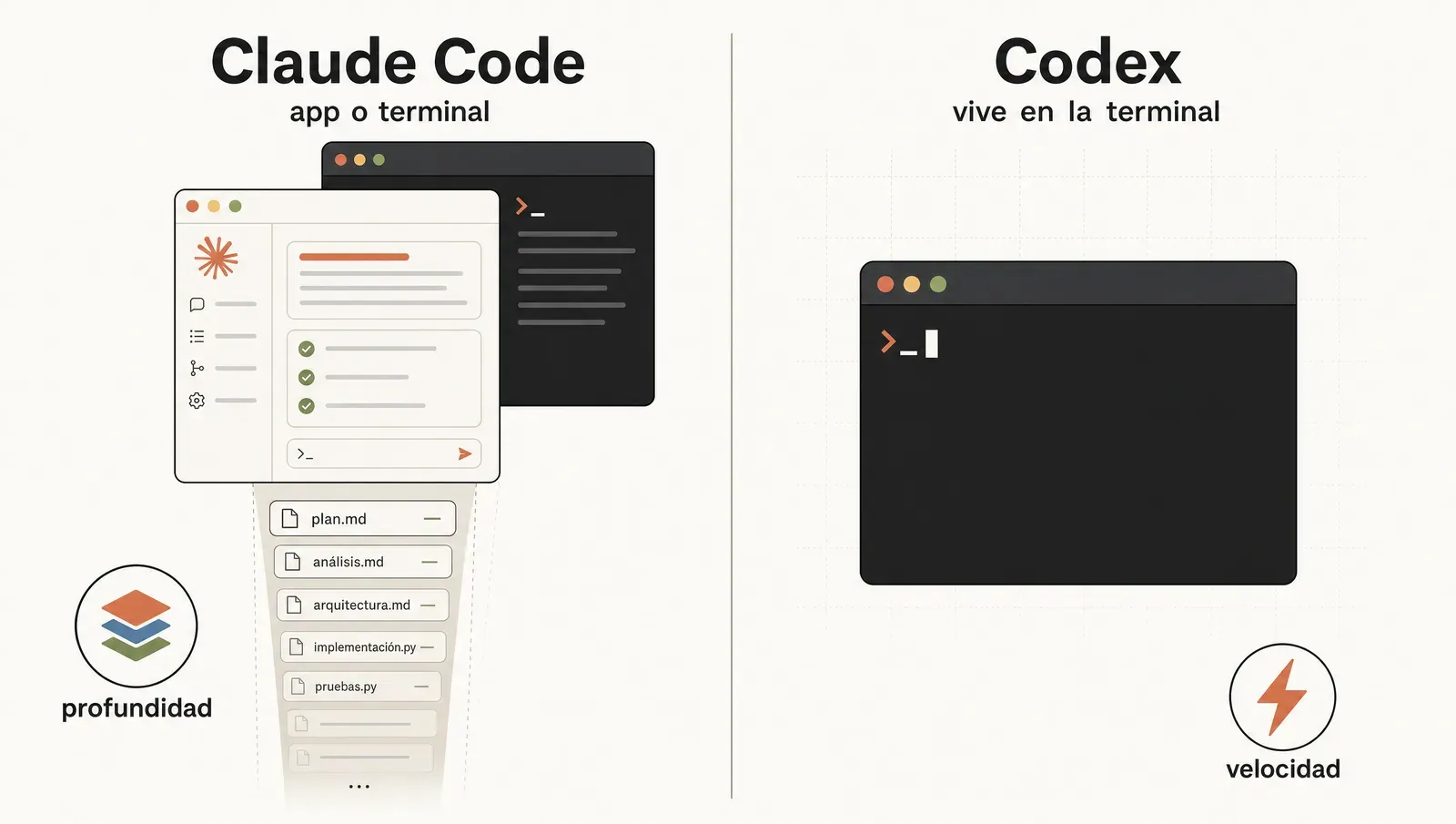 Claude Code: app o terminal y profundidad multi-archivo; Codex: la terminal como casa y velocidad