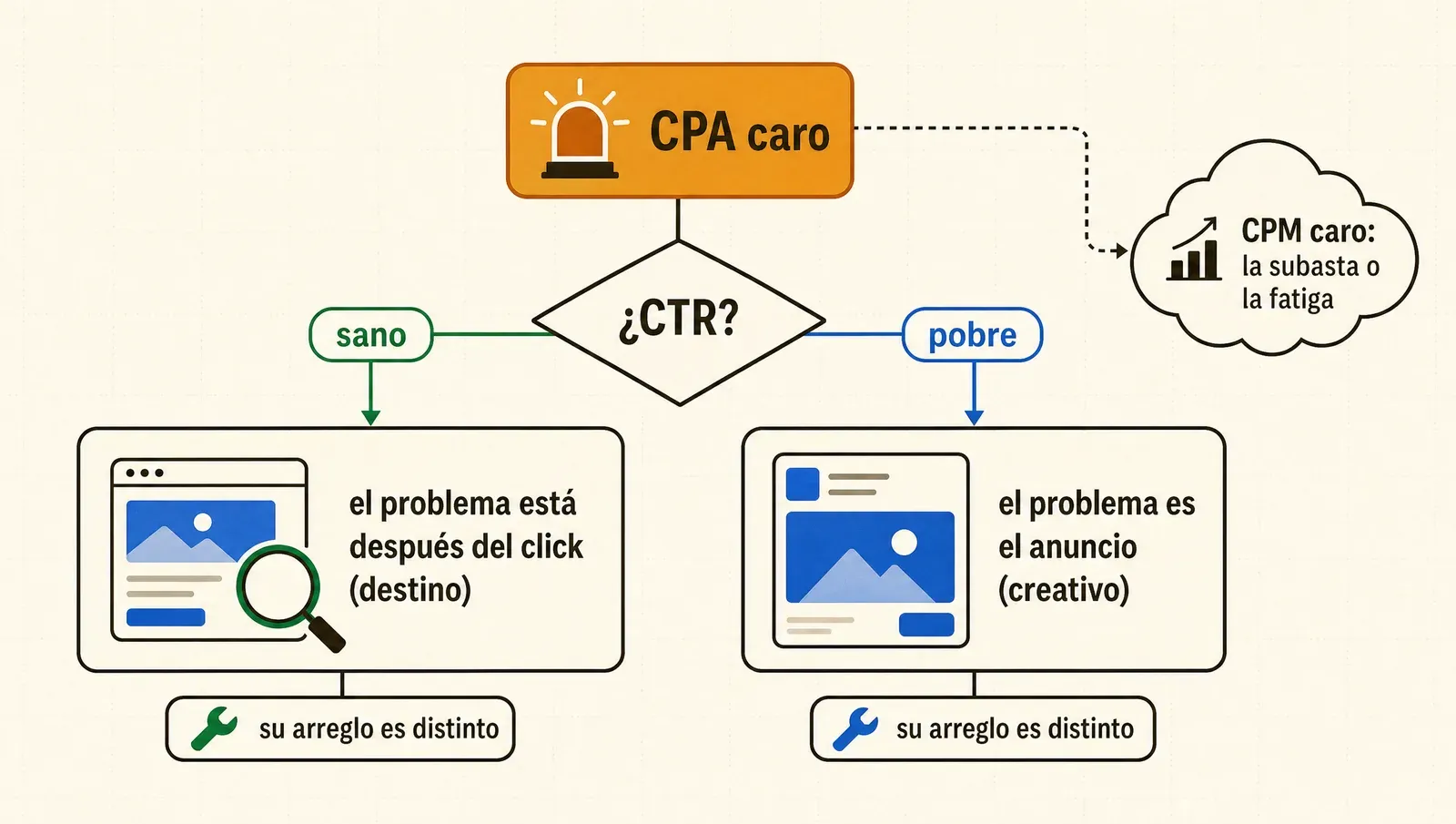 CPA caro: si el CTR está sano el problema vive después del click; si está pobre, en el anuncio; y el CPM es el contexto