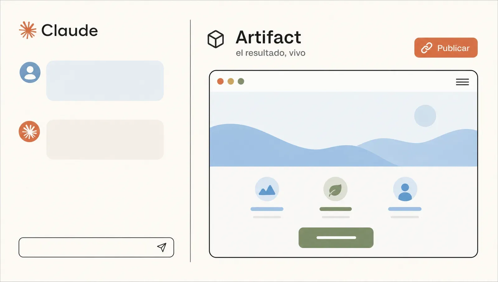 El artifact: el panel al costado del chat donde lo que pedís aparece funcionando, listo para publicar