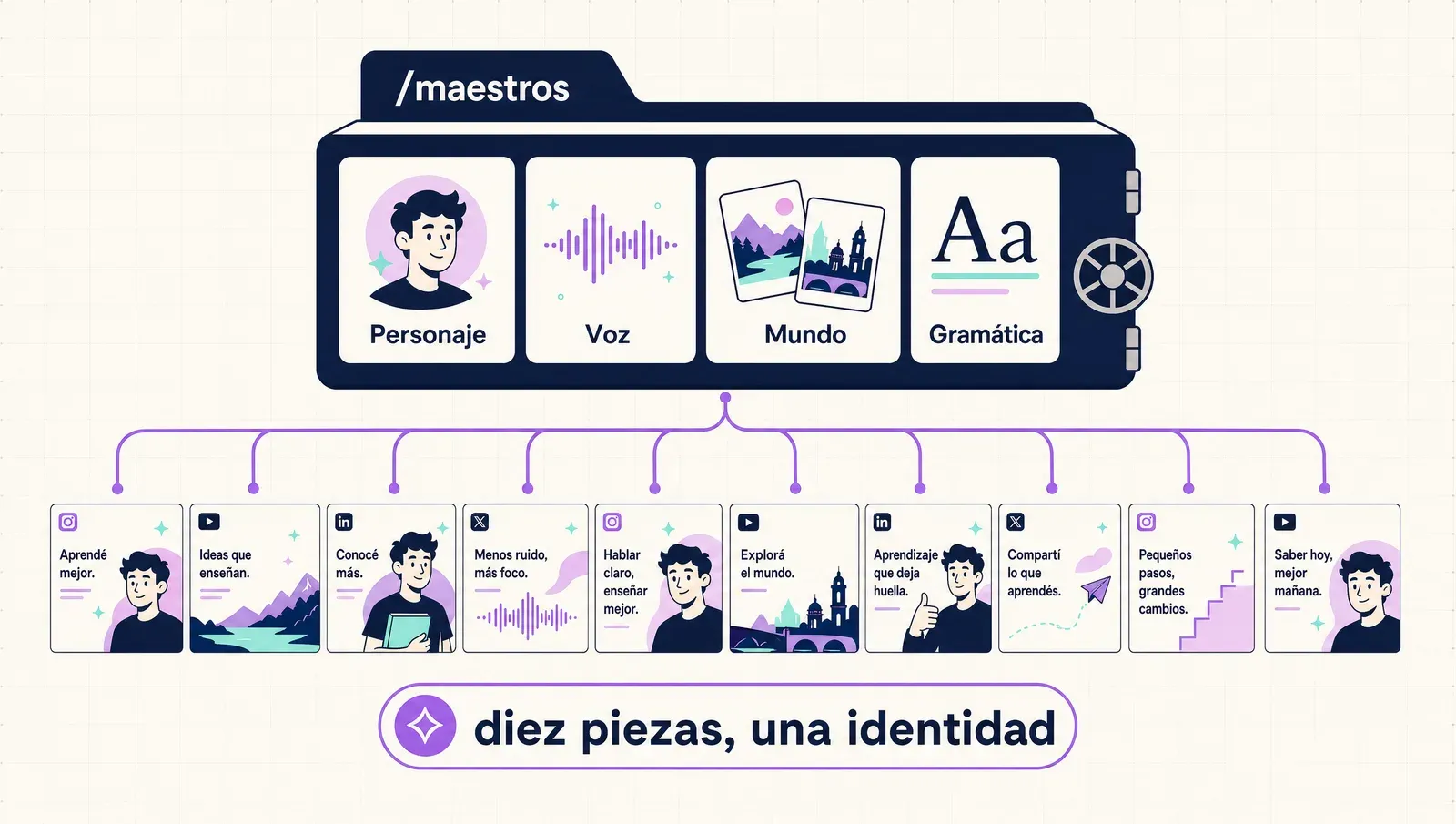 El sistema /maestros: personaje, voz, mundo y gramática canónicos alimentando cada pieza de la campaña