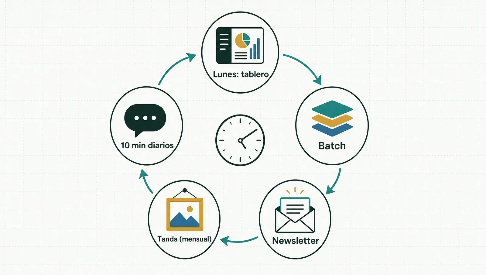 El ciclo semanal de la máquina: ritual del lunes, batch, newsletter, tanda mensual y 10 minutos diarios
