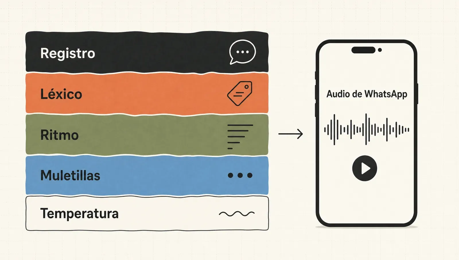 Las cinco capas de localización apiladas —registro, léxico, ritmo, muletillas, temperatura— validadas por el test del audio de WhatsApp