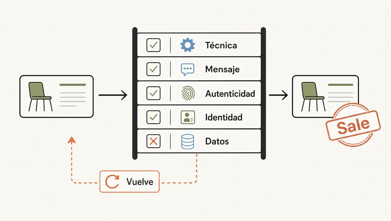 Las cinco dimensiones del control de calidad —técnica, mensaje, autenticidad, identidad, datos— como un portón que cada pieza cruza antes de salir