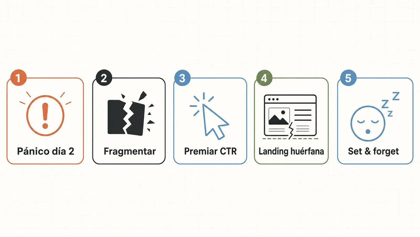 Los cinco errores de novato en Meta Ads en fila —el pánico del día 2, fragmentar, premiar el CTR, la landing huérfana y el set-and-forget