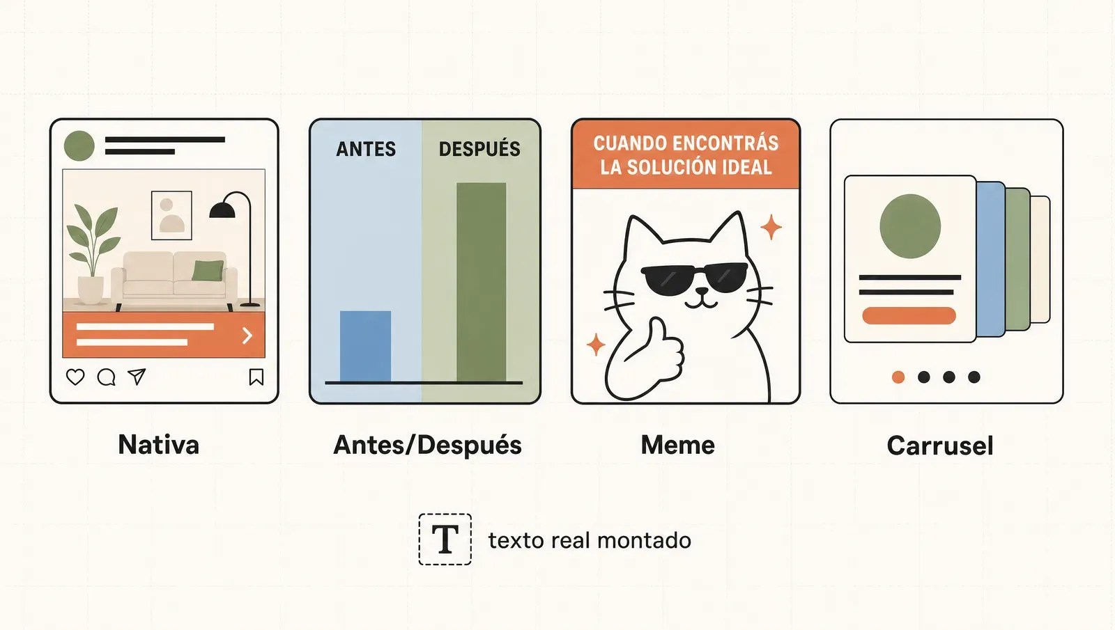 Los cuatro formatos de anuncio estático en fila —nativa, antes/después, meme, carrusel— con el truco del texto real montado
