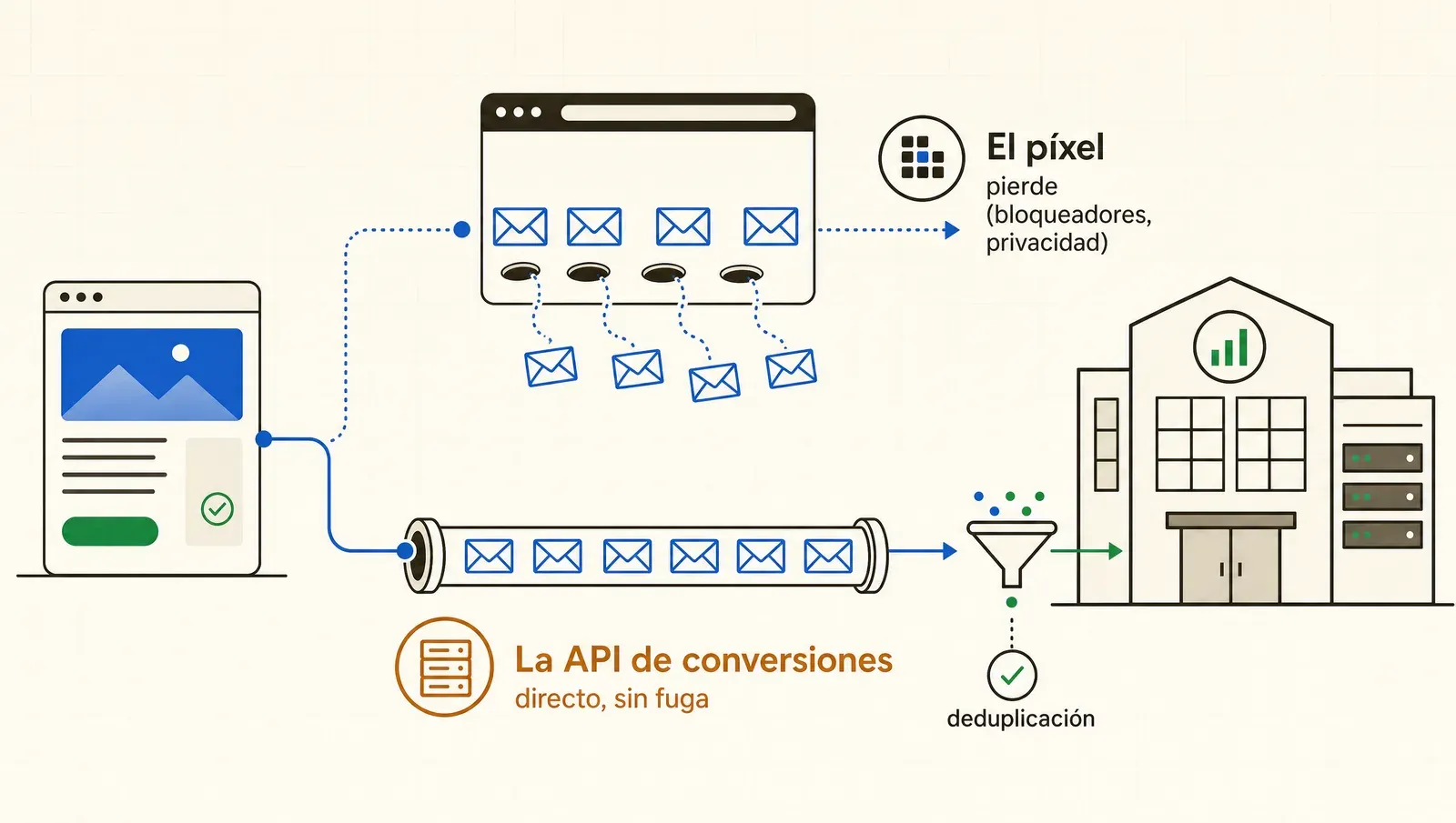 El píxel pierde señales en el navegador; la API avisa de servidor a servidor: la doble vía moderna