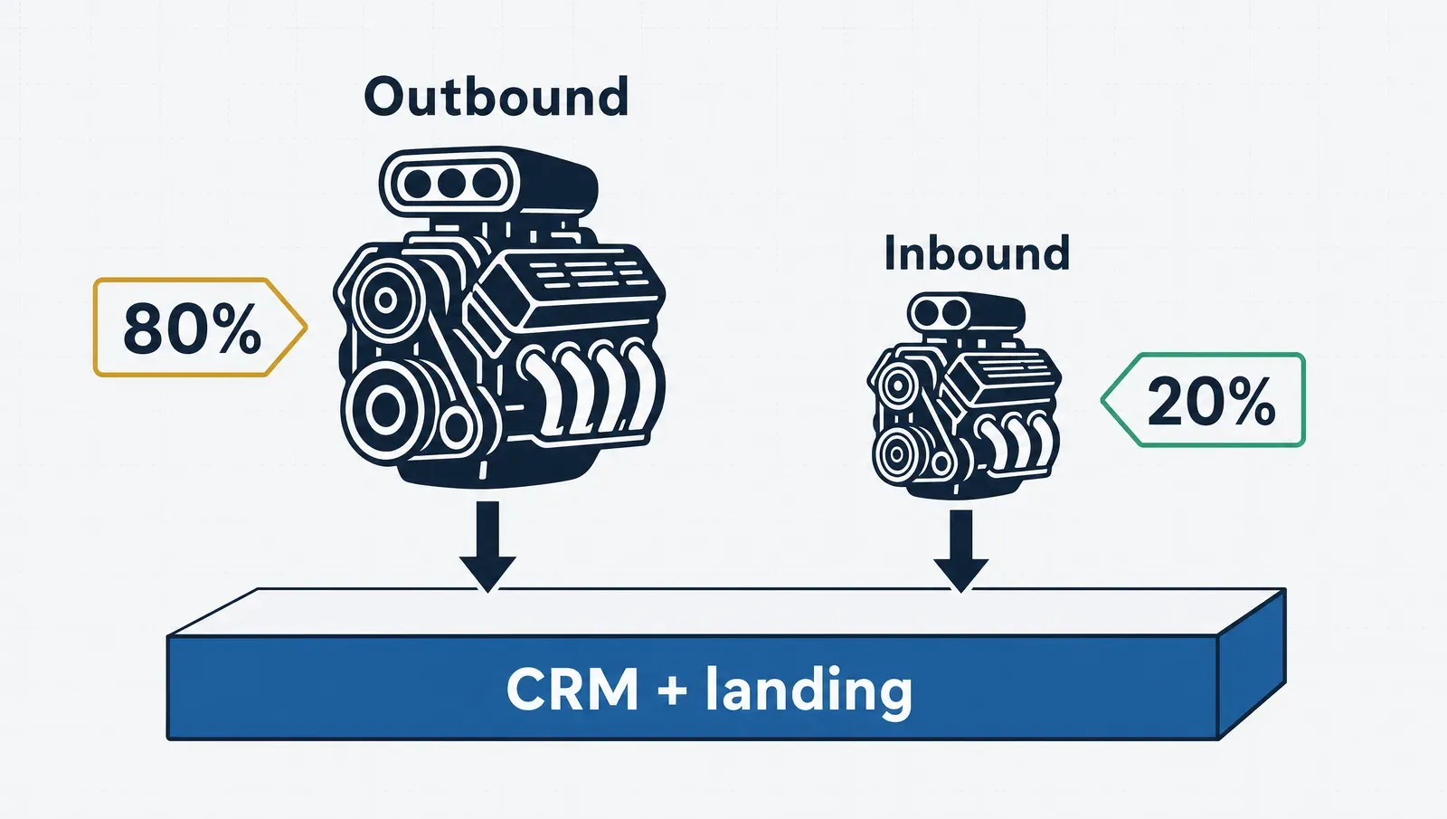 La captación: 80% outbound, 20% inbound, todo aterrizando en tu CRM y tu landing