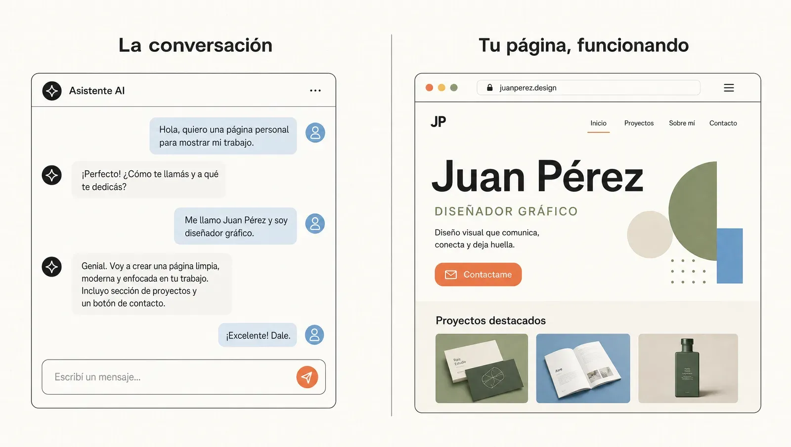 La pantalla en dos zonas: la conversación a un lado, tu página funcionando al otro