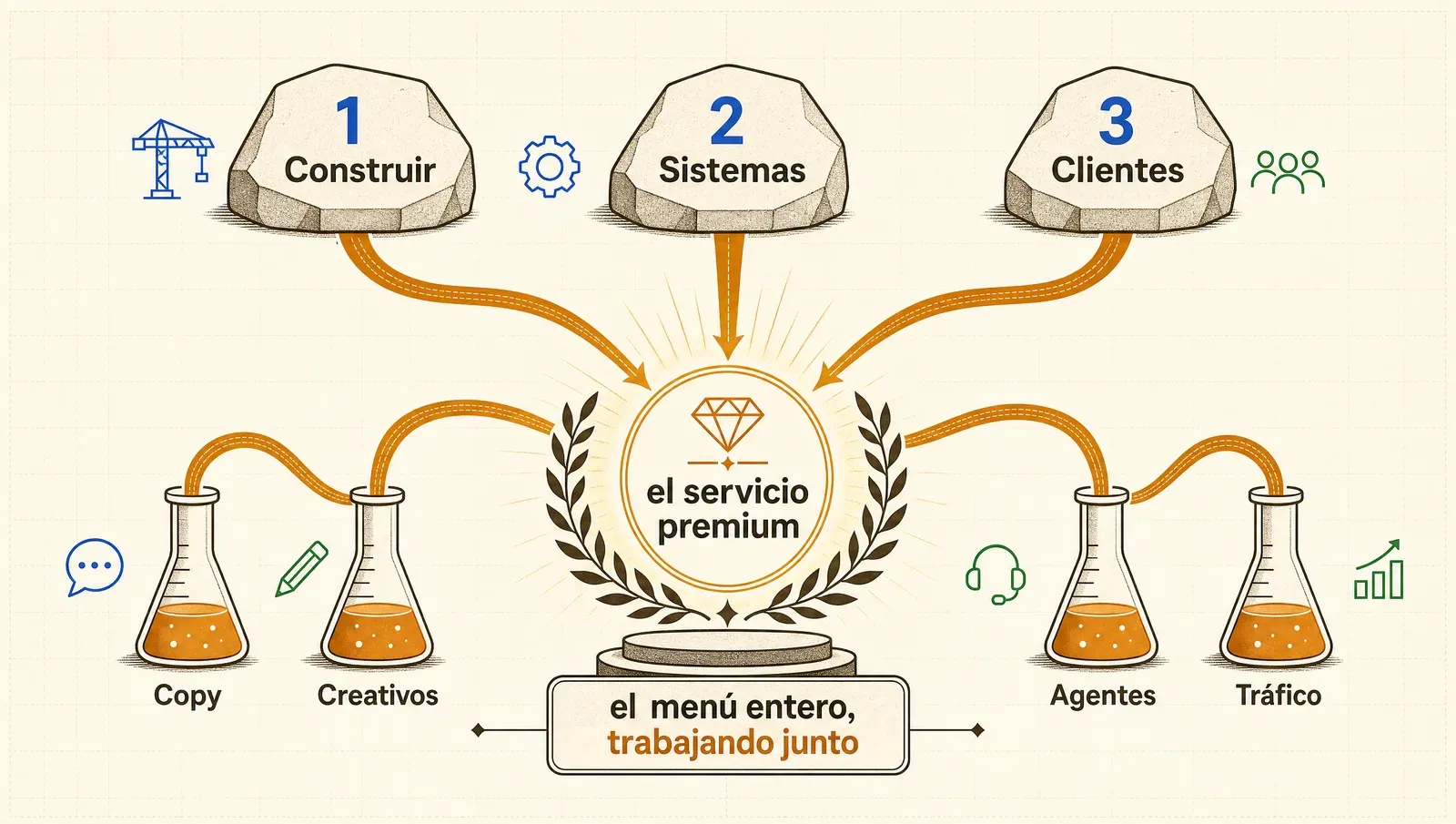 El servicio de ads es el menú entero trabajando junto: el camino y los cuatro labs convergiendo en la pieza premium