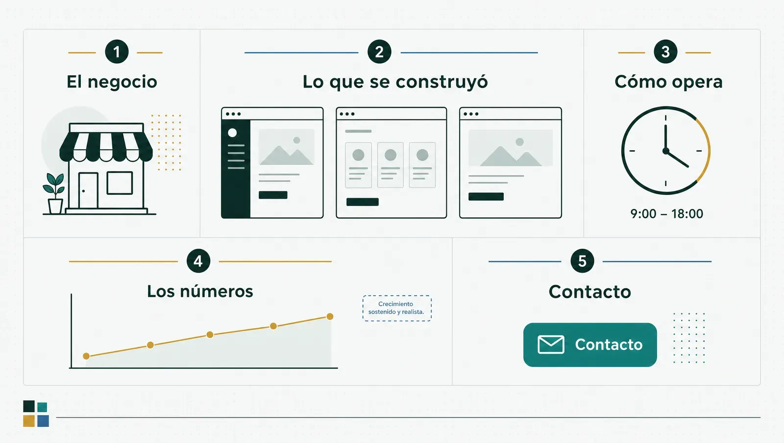 El caso para mostrar: el negocio, lo construido, cómo opera, los números y el contacto — en una página