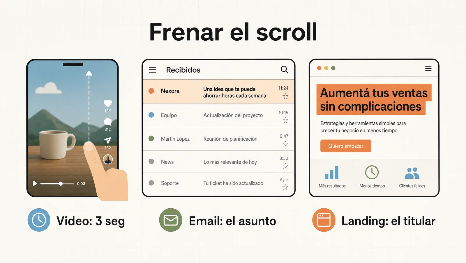 Dónde vive el hook en tres superficies: los primeros 3 segundos de un video, el asunto de un email y el titular de una landing; su trabajo es frenar el scroll.