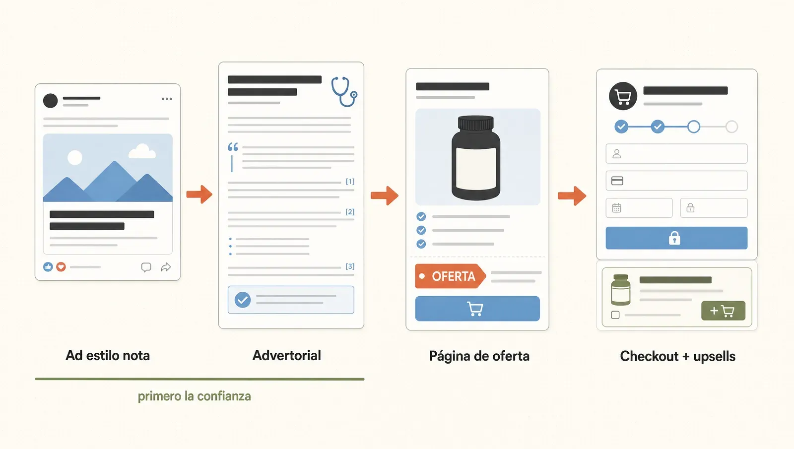 El embudo advertorial: un ad que parece nota abre un advertorial que educa y pre-vende, y recién después llegan la oferta y el checkout
