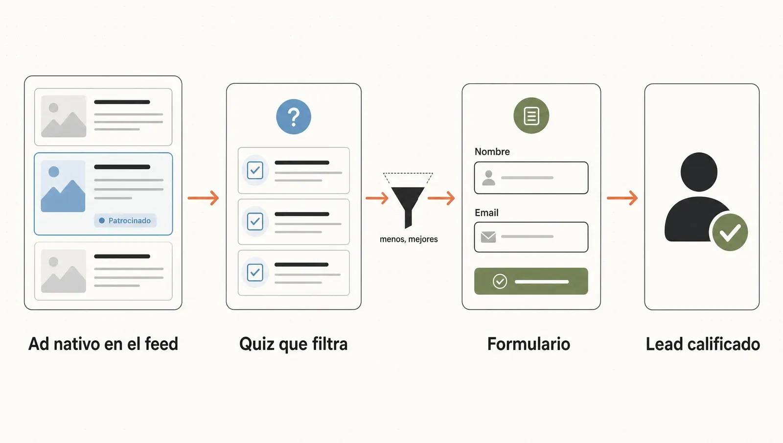El embudo de precalificación: el ad nativo abre un quiz que filtra antes del formulario — llegan menos leads, pero calificados