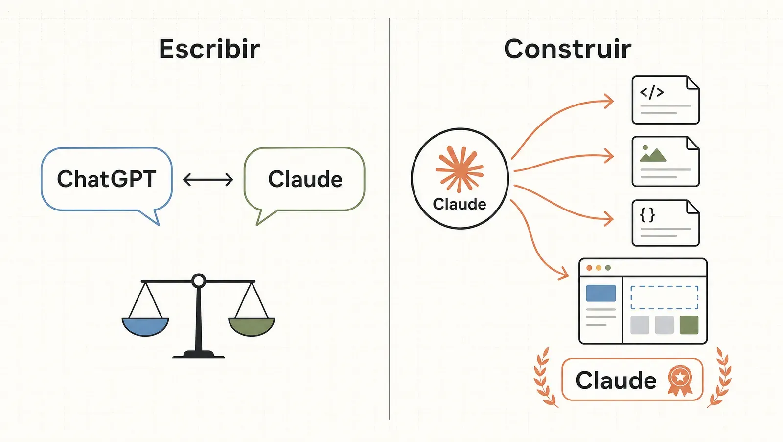 Comparación en dos paneles: para escribir, ChatGPT y Claude están parejos; para construir sitios y sistemas, gana Claude.