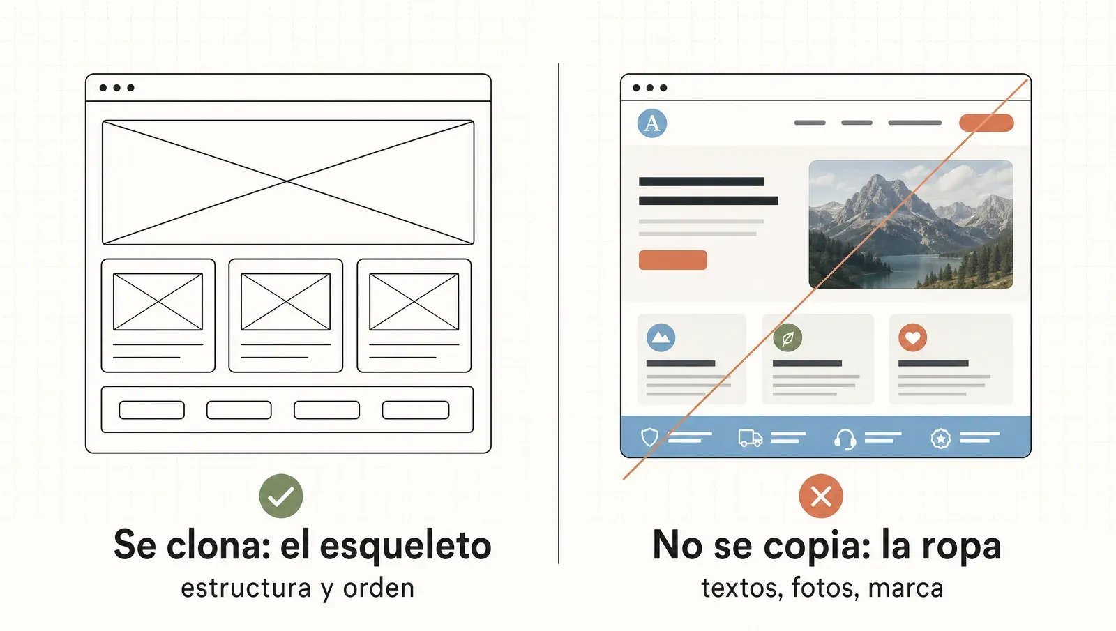 Clonar bien: se replica el esqueleto (estructura y orden), jamás la ropa (textos, fotos, marca)