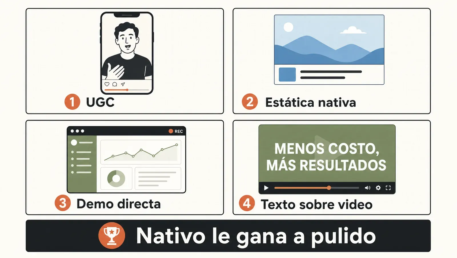 Los cuatro formatos que hoy pagan —UGC, estática nativa, demo directa, texto sobre video— bajo la regla de que lo nativo le gana a lo pulido