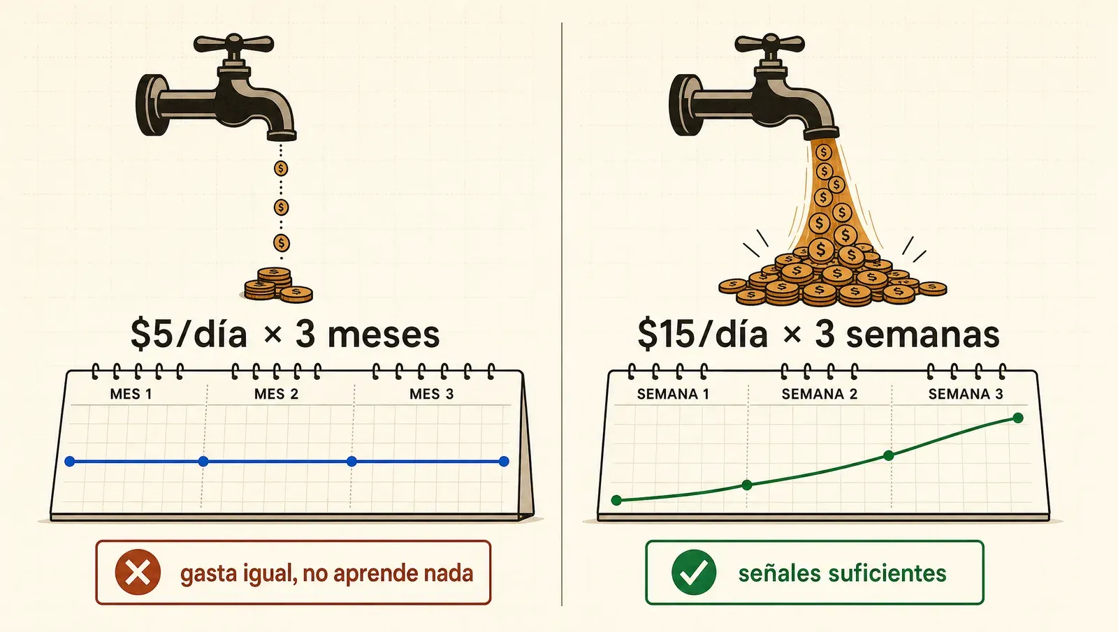 El goteo de $5 por día durante meses nunca junta señales; el experimento concentrado aprende