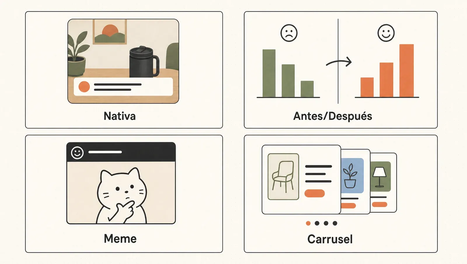 Los cuatro formatos de imagen-anuncio en grilla: nativa, antes/después, meme y carrusel