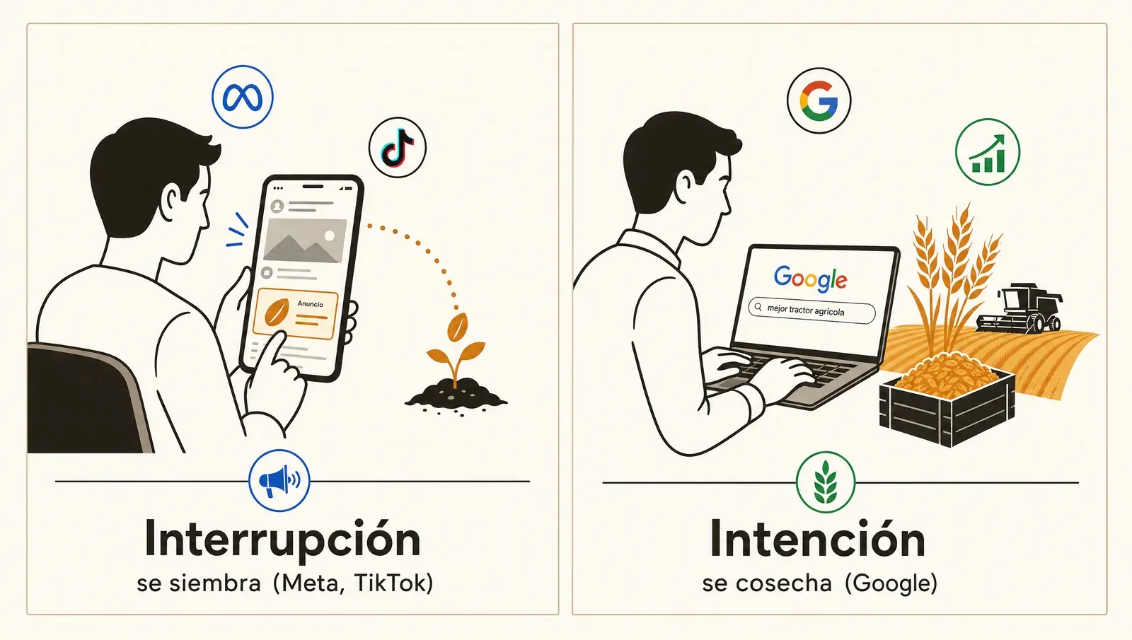 Dos mercados distintos: la interrupción se siembra en el feed; la intención se cosecha en la búsqueda