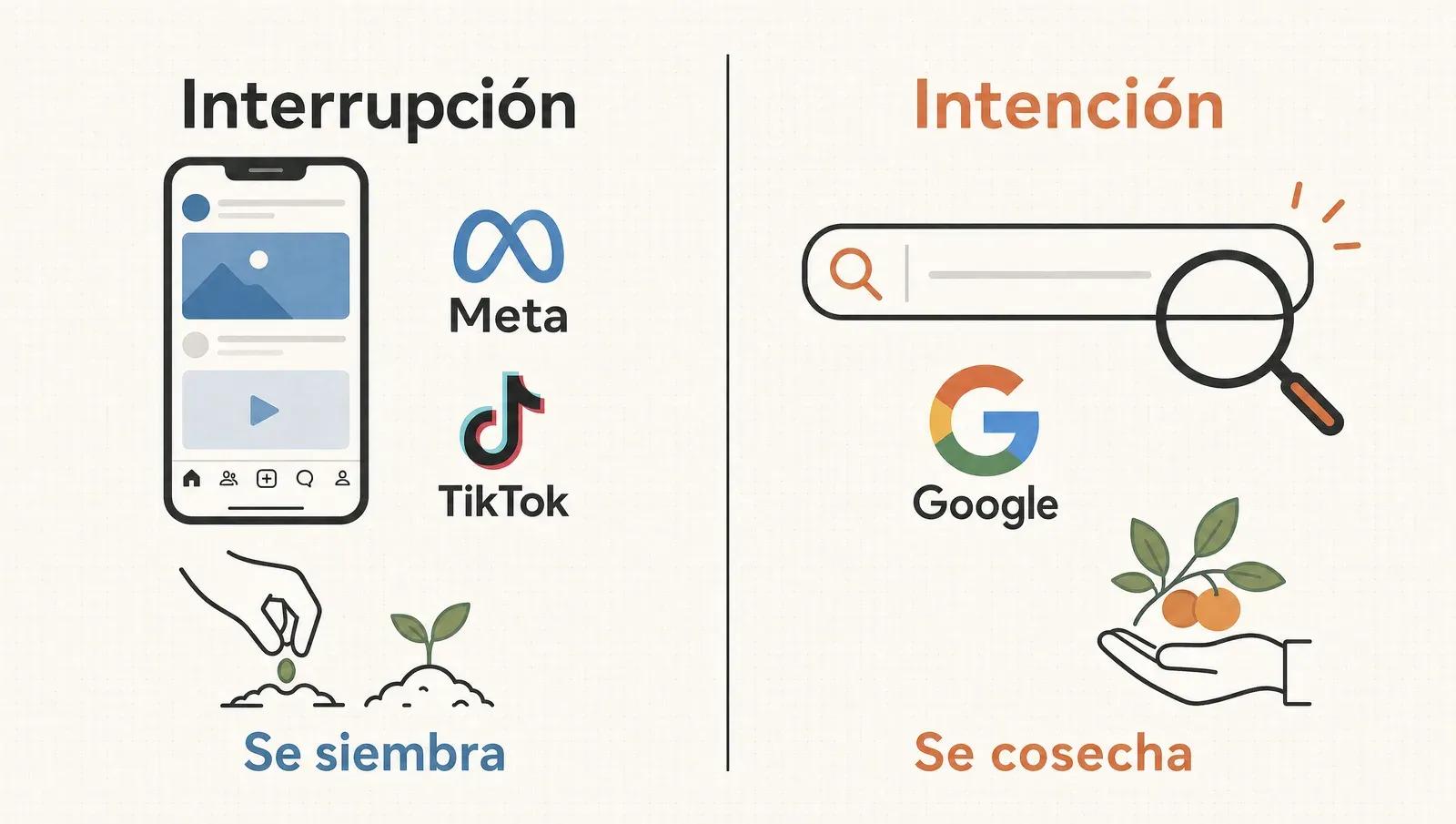 Dos mercados enfrentados: la interrupción (Meta, TikTok) que se siembra y la intención (Google) que se cosecha
