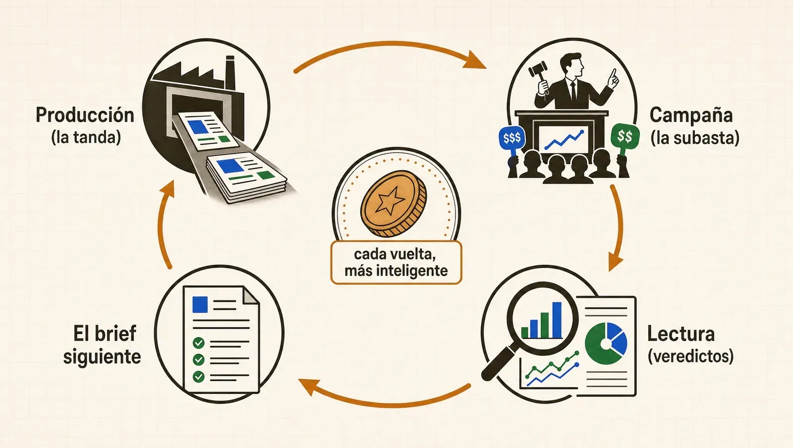 La producción alimenta la subasta, la subasta devuelve datos, los datos guían la próxima tanda — el círculo con plata
