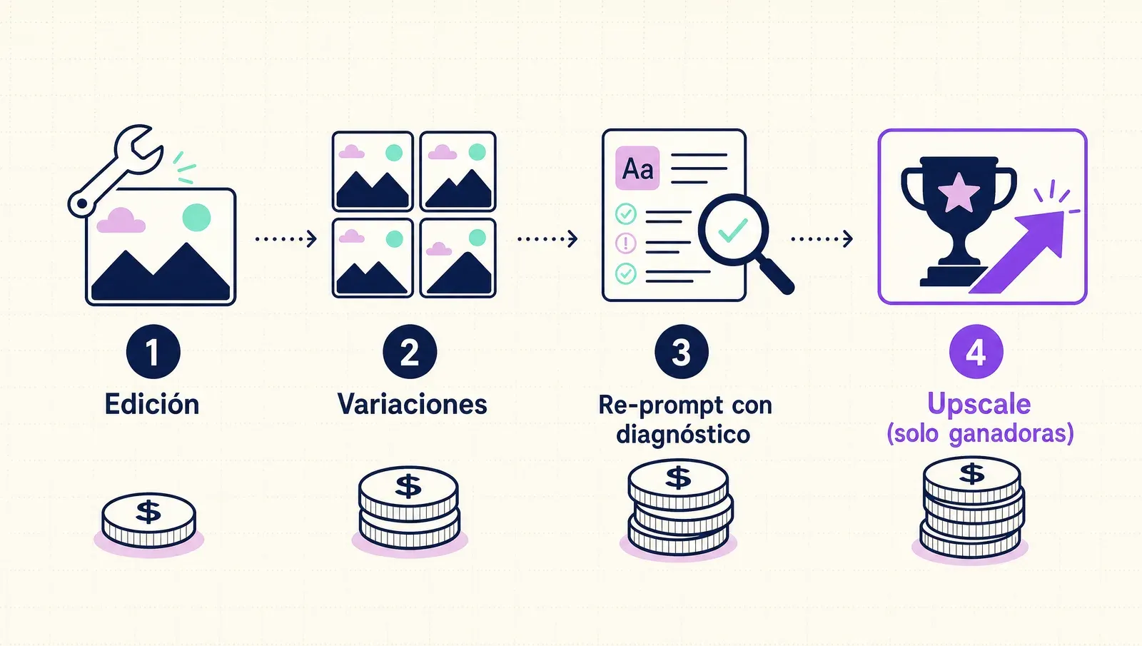 Las cuatro jugadas en orden de costo: editar, variar, re-promptear con diagnóstico, upscale solo a ganadoras