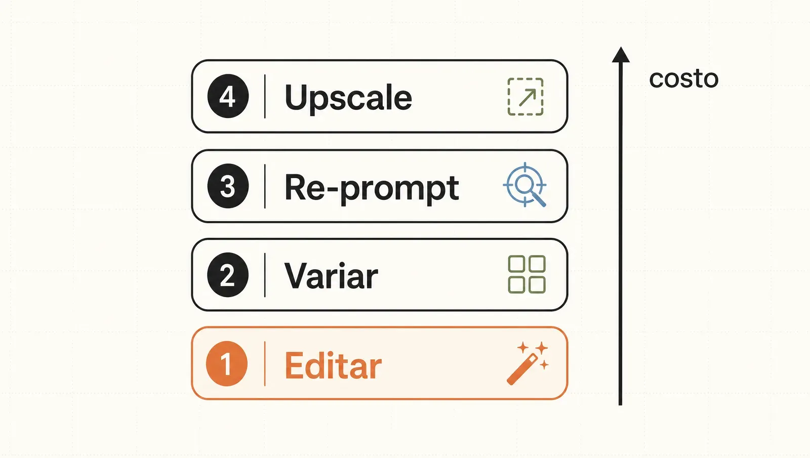 El loop de iteración como escalera de costo: editar, variar, re-promptear y, al final, upscale solo a las ganadoras