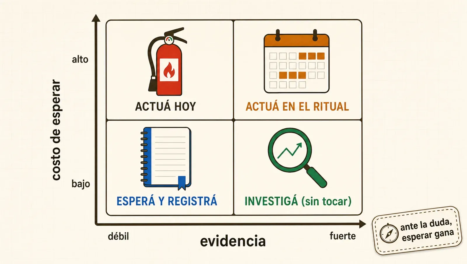 Evidencia por costo: actuá hoy, actuá en el ritual, esperá y registrá, o investigá sin tocar
