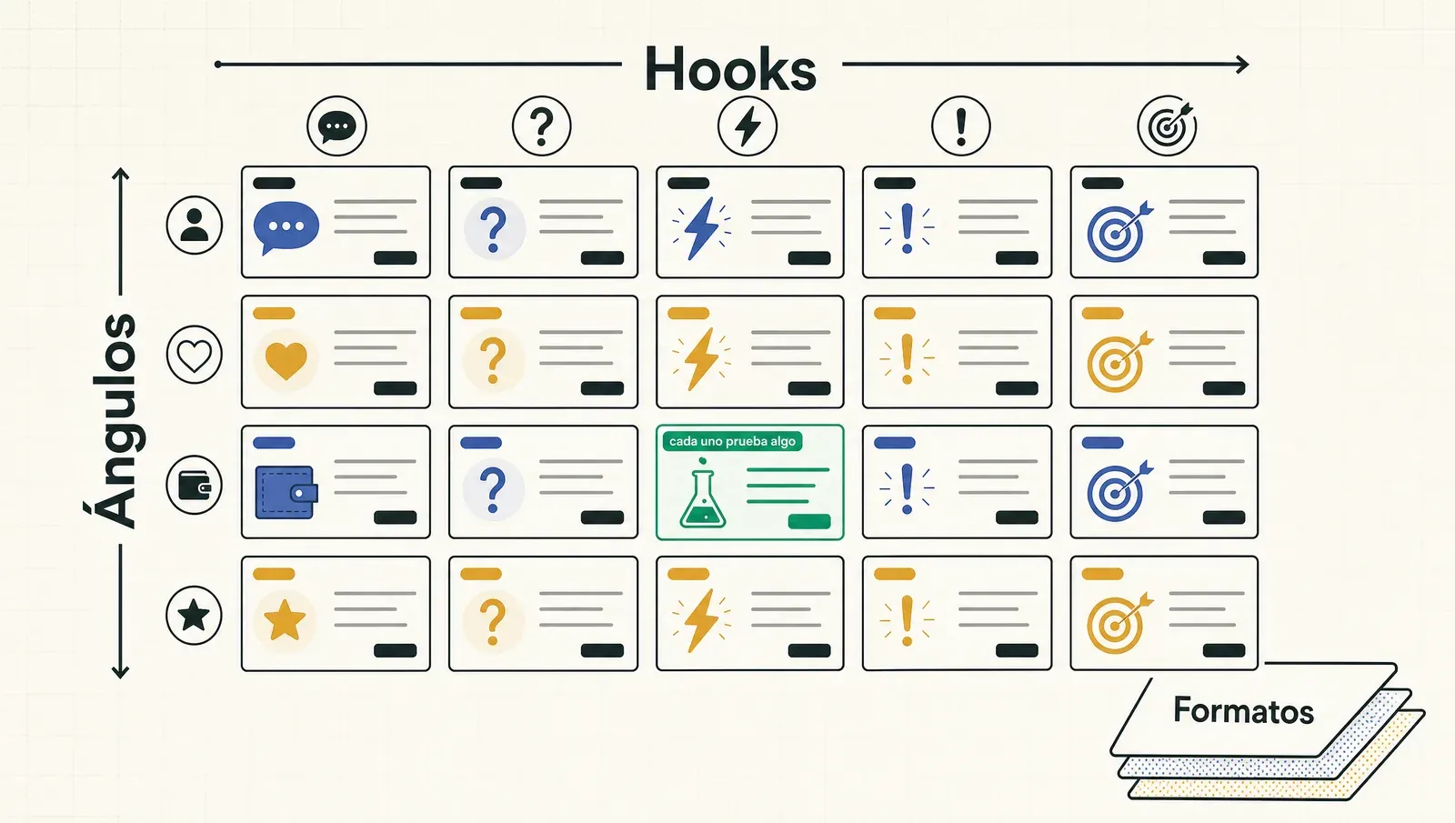La tanda de 20 como matriz: ángulos por hooks por formatos — cada anuncio es un experimento