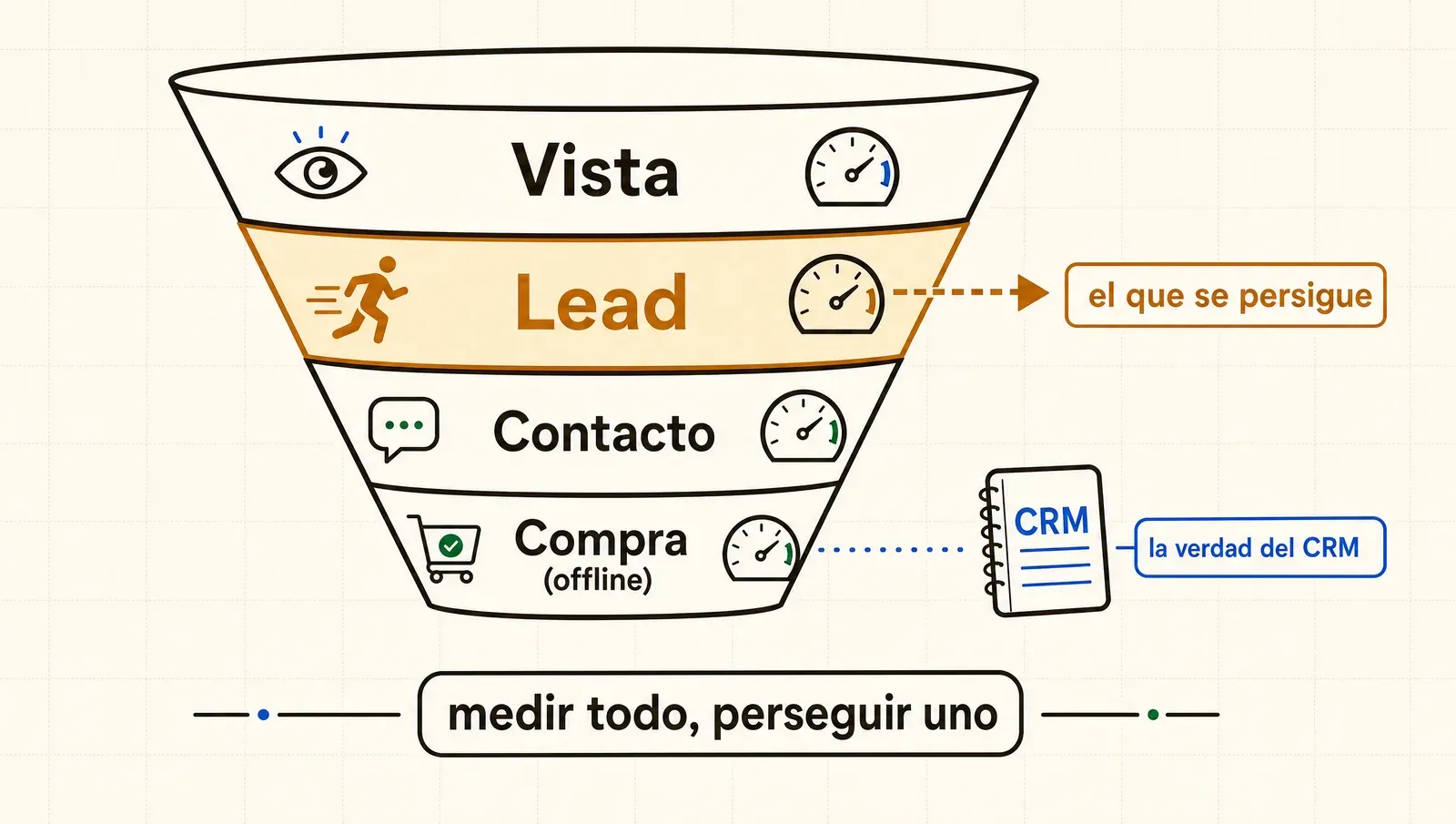Todos los eventos del funnel se instalan; el algoritmo persigue uno solo: el lead