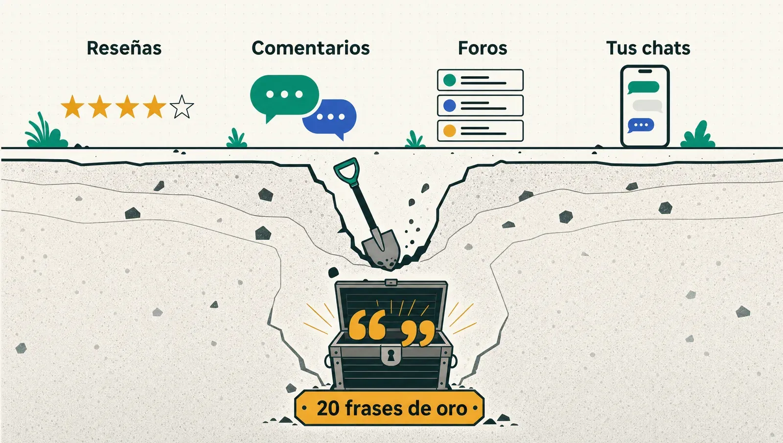 Los yacimientos de voz del cliente — reseñas, comentarios, foros — excavados hasta las frases de oro