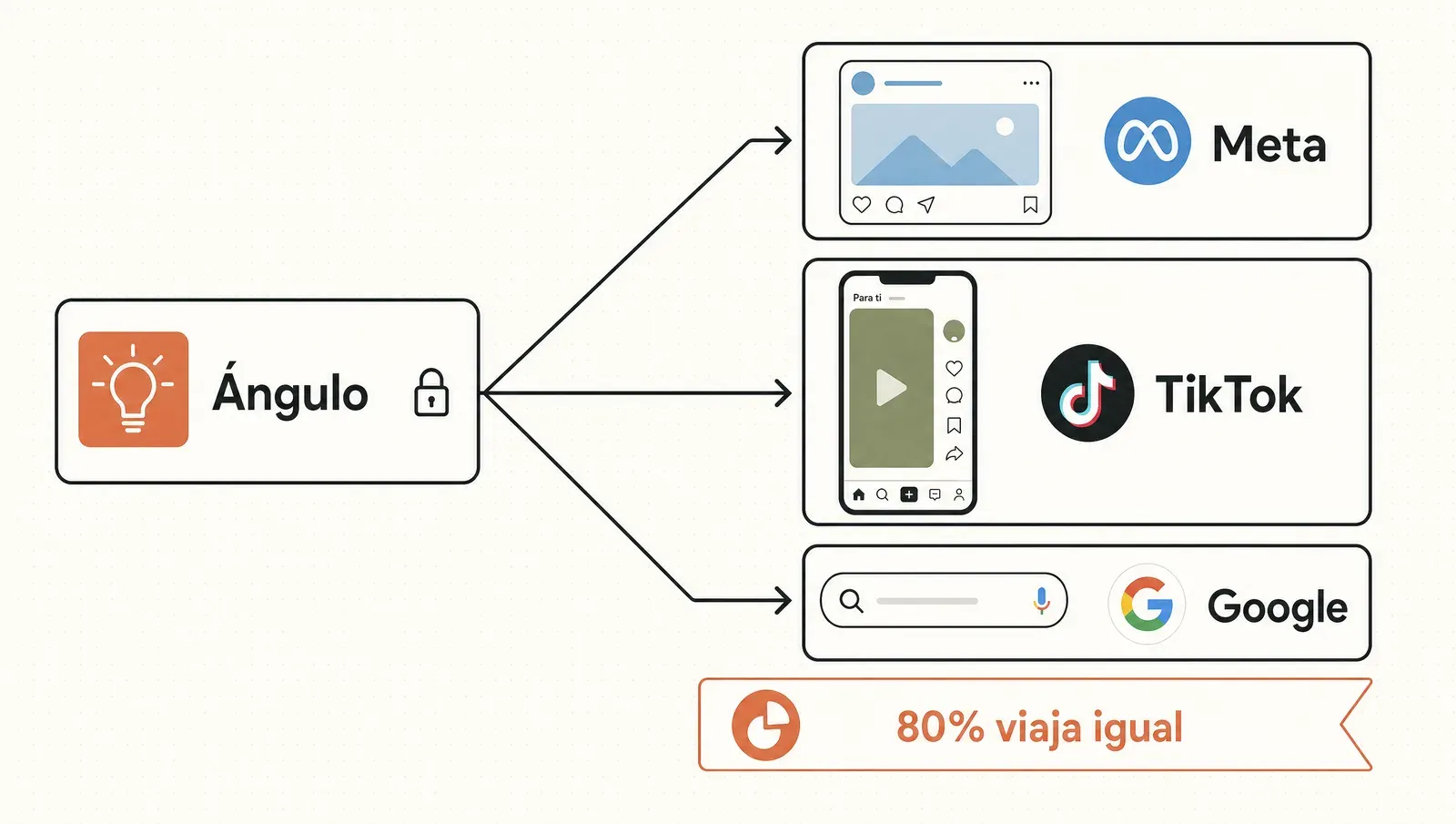 Un mismo ángulo bloqueado del que salen tres versiones —Meta, TikTok y Google—; el 80% del copy viaja igual y solo cambia el envase.