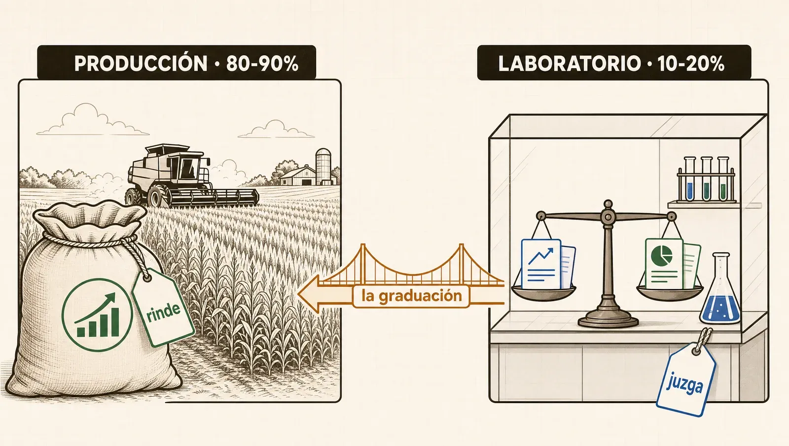 Dos espacios, dos trabajos: la producción cosecha con el grueso del presupuesto; el laboratorio juzga lo nuevo con su cuota